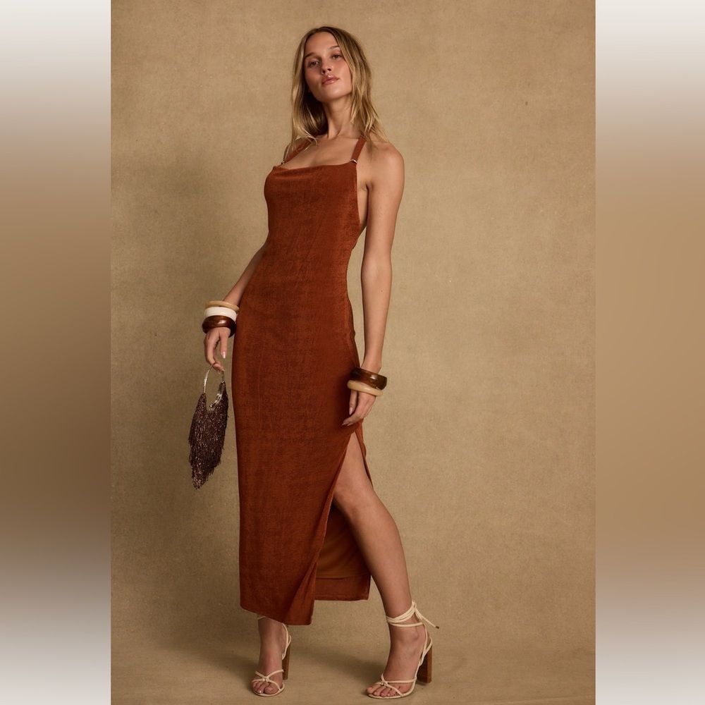 12th Tribe Rust Brown Backless Slip Maxi Dress